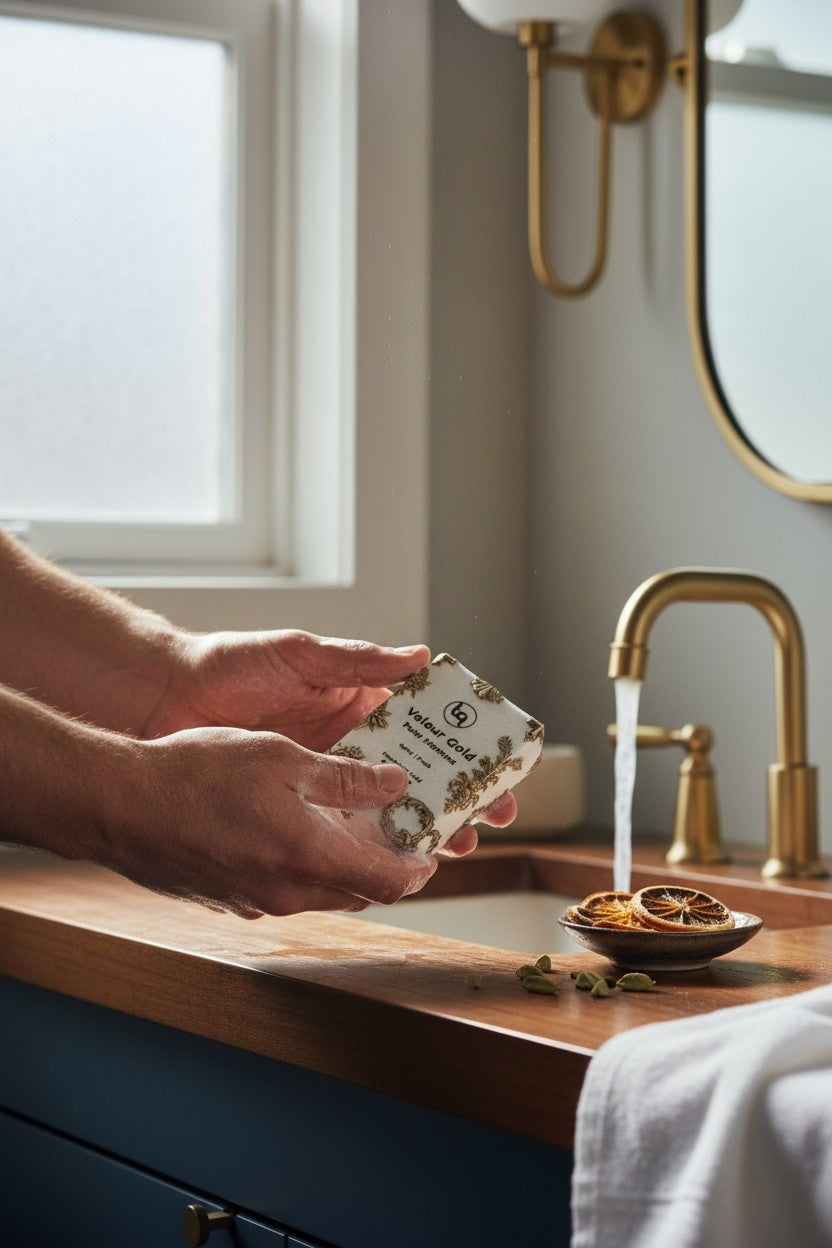 Person holding a bar of Truequest Velour Gold soap over a sink with a gold faucet in a bathroom setting.