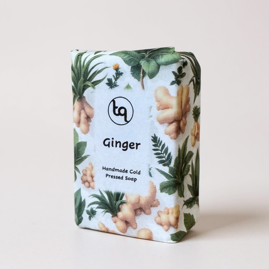 Handmade cold pressed ginger soap bar with botanical design on packaging