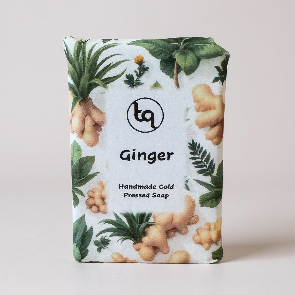 Handmade cold‑pressed ginger soap bar wrapped in botanical packaging from TrueQuest Soap.
