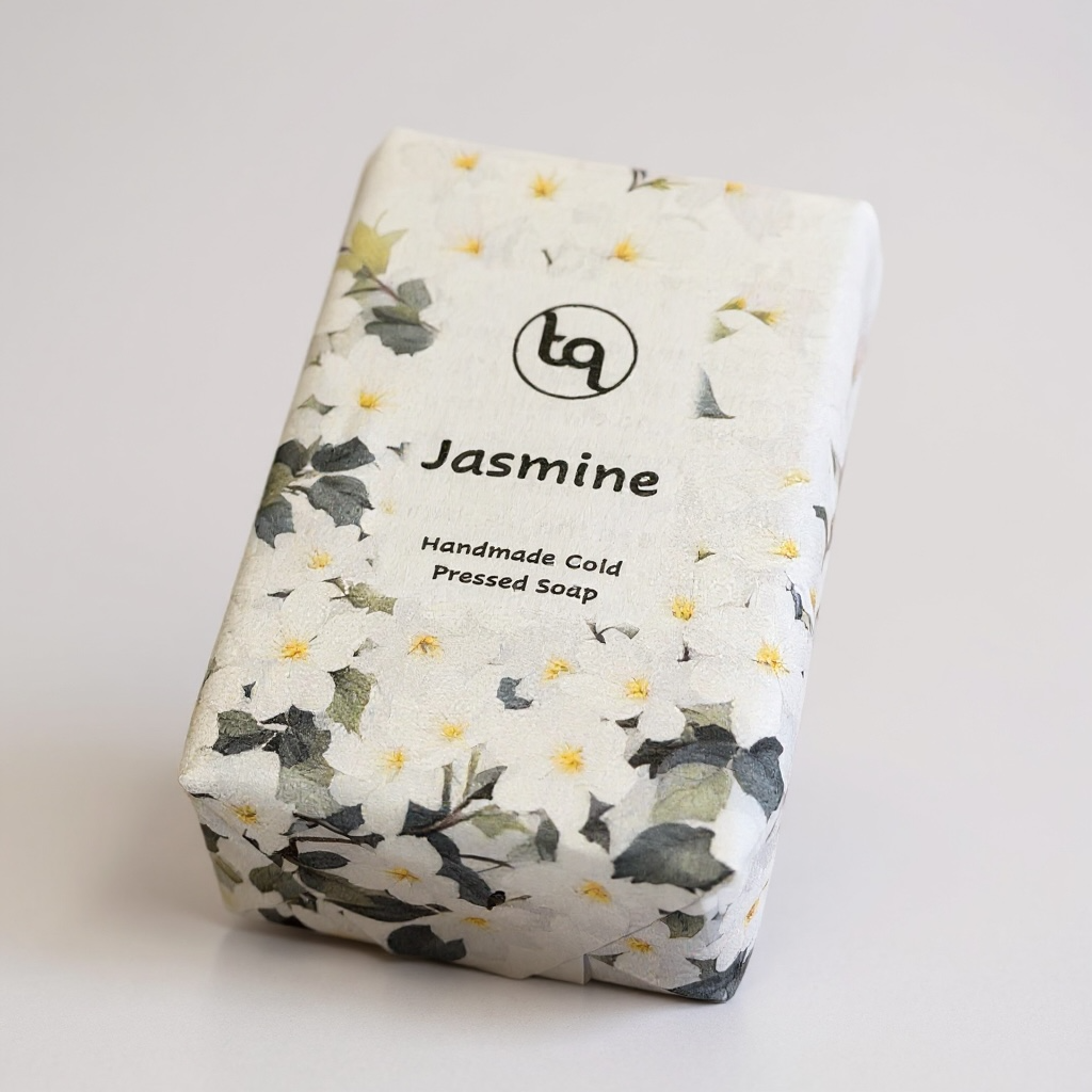 Jasmine bar of cold pressed soap in a floral wrap with white flowers