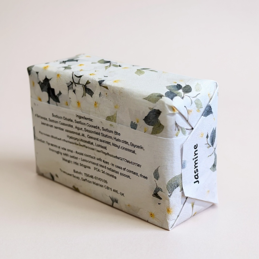 Bar of Jasmine soap in paper packing designed with floral print