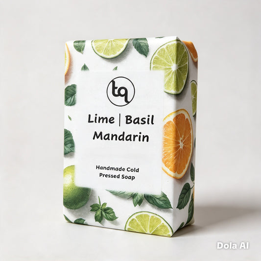Truequest Lime, Basil & Mandarin soap in citrus-and-basil patterned packaging, standing at an angle.