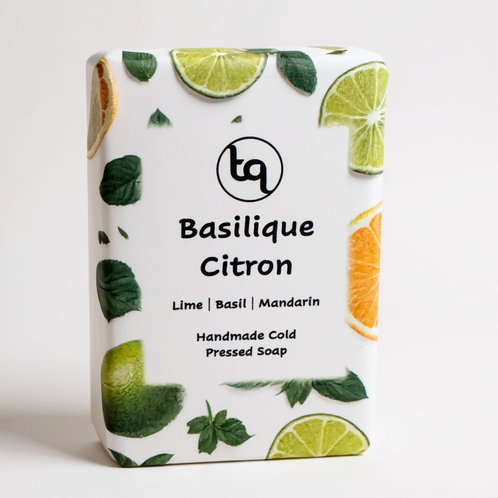 Soap bar with lime basil mandarin design on a white background