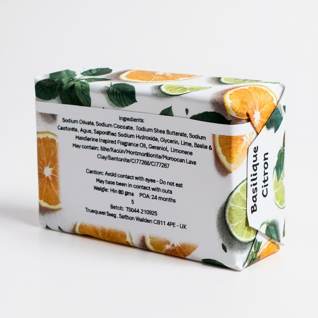 Bar of soap with citrus fruit design on packaging