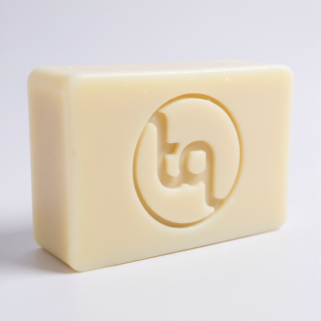 Bar of soap with Truequest logo on a light gray background