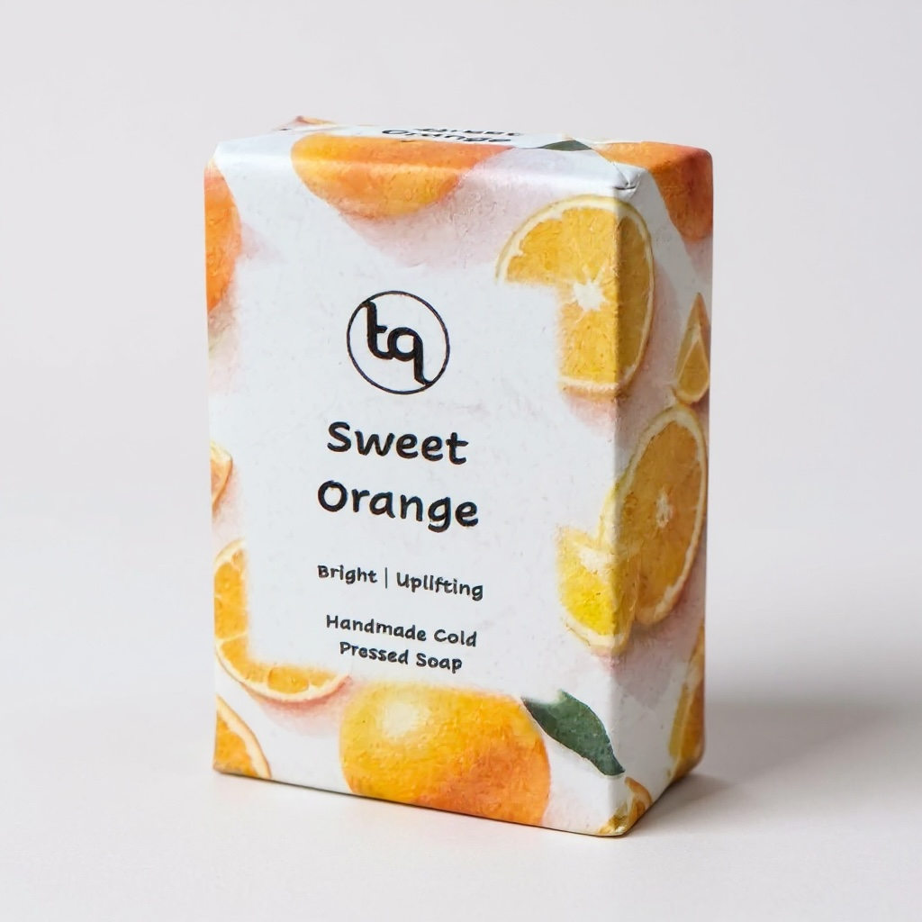 Soap packaging with orange slices and 'tq' branding on a light background