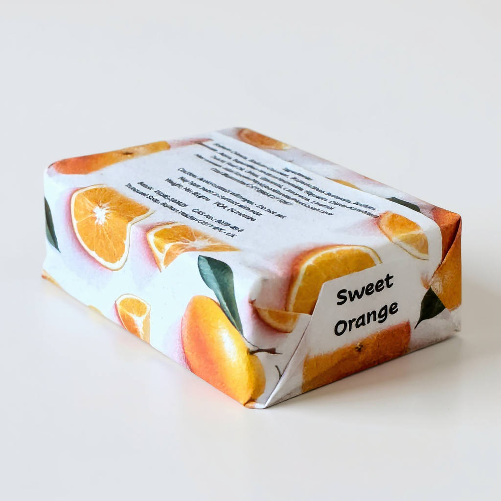 Bar of Truequest soap with orange slices design on a white background