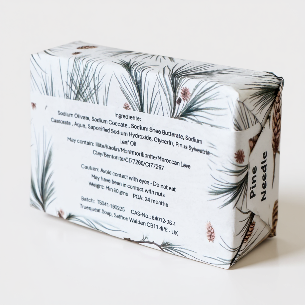 Pine scented of soap with botanical design and ingredient label on a white background