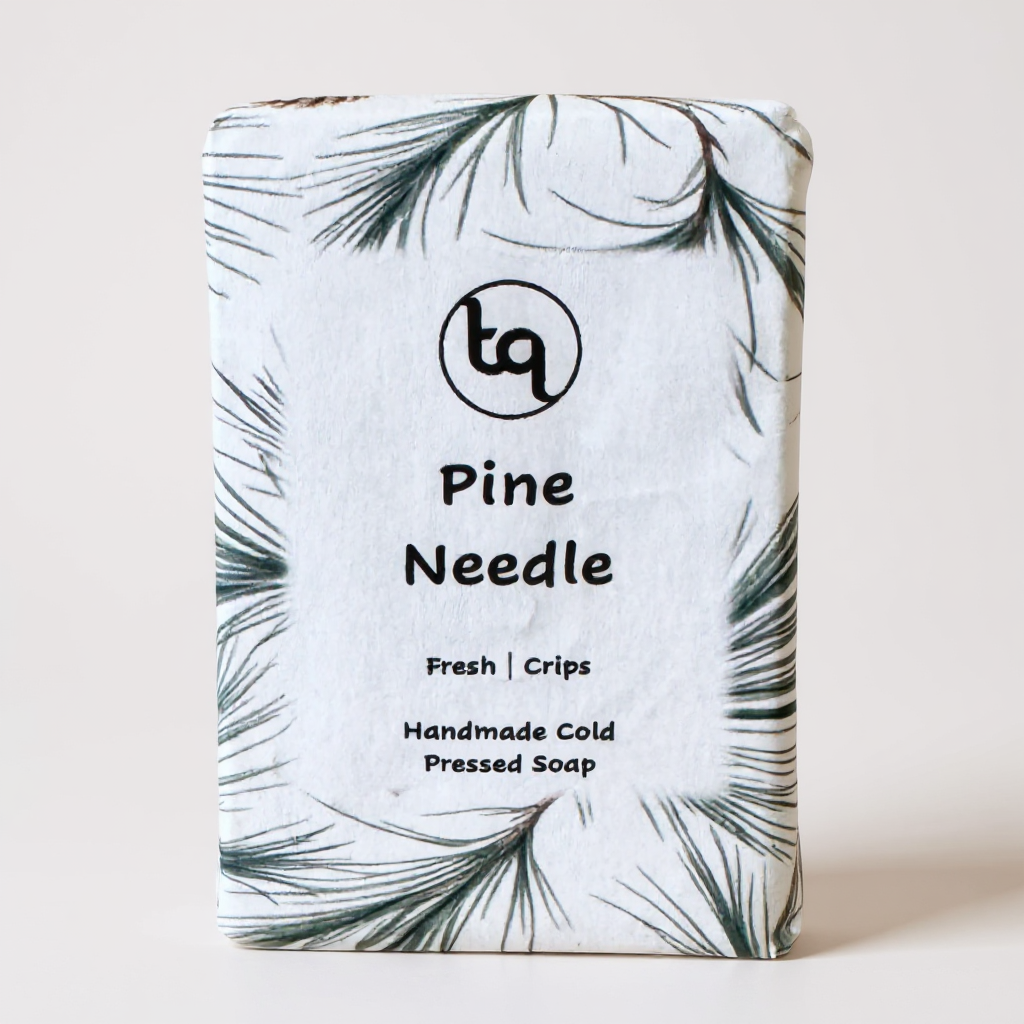 Bar of soap with 'Pine ' Truequest branding and design on a white background