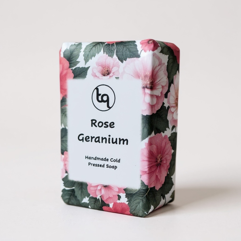 Rose Geranium soap bar with floral packaging on a light background