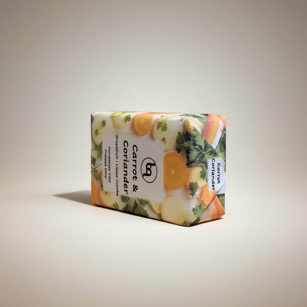 Truequest carrot and coriander cold-pressed soap bar shown from a side view