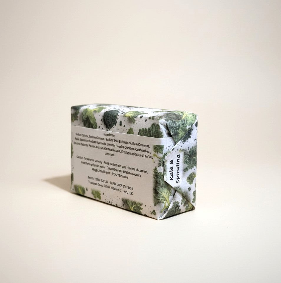 Truequest kale and spirulina cold-pressed soap packaging displaying the ingredients