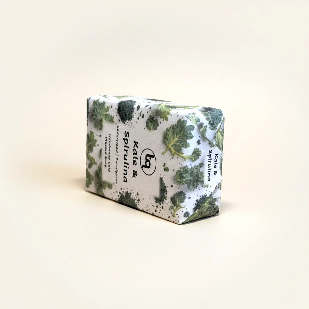 A side profile view of a Truequest kale and spirulina cold-pressed soap bar