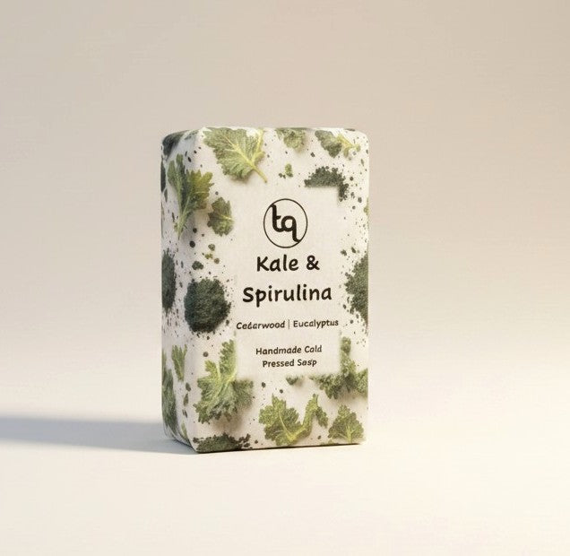A front-facing main product shot of a single rectangular Truequest kale and spirulina cold-pressed soap bar.