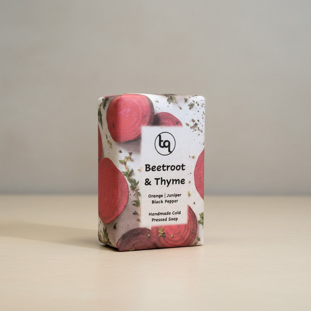 A direct front view of a bar of Truequest beetroot and thyme cold-pressed soap
