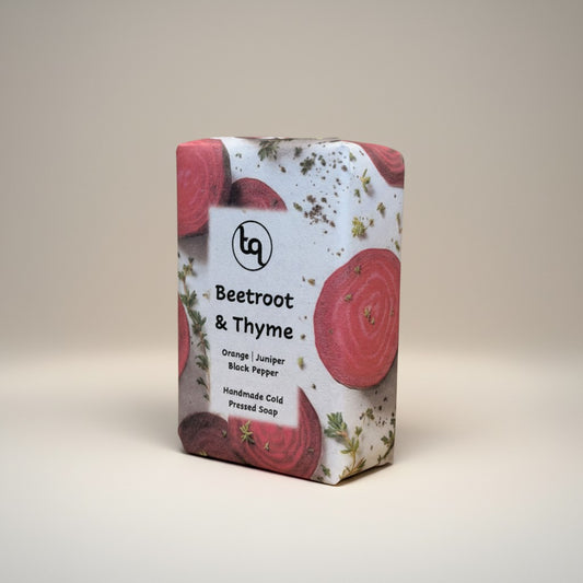 Truequest cold-pressed beetroot and thyme artisan soap bar.