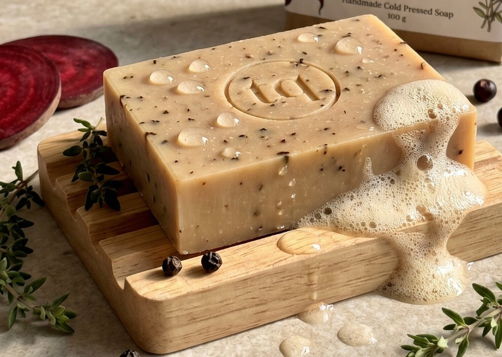 Bar of soap with visible brand logo of Truequest soap on a wooden soap dish, surrounded by natural elements.