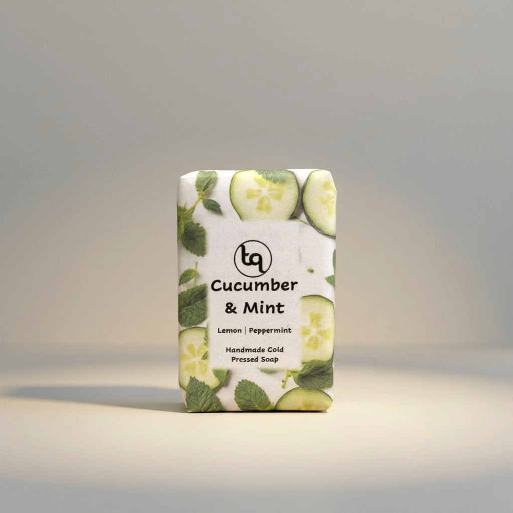 Front view of a paper-wrapped Truequest cucumber and mint cold-pressed soap bar