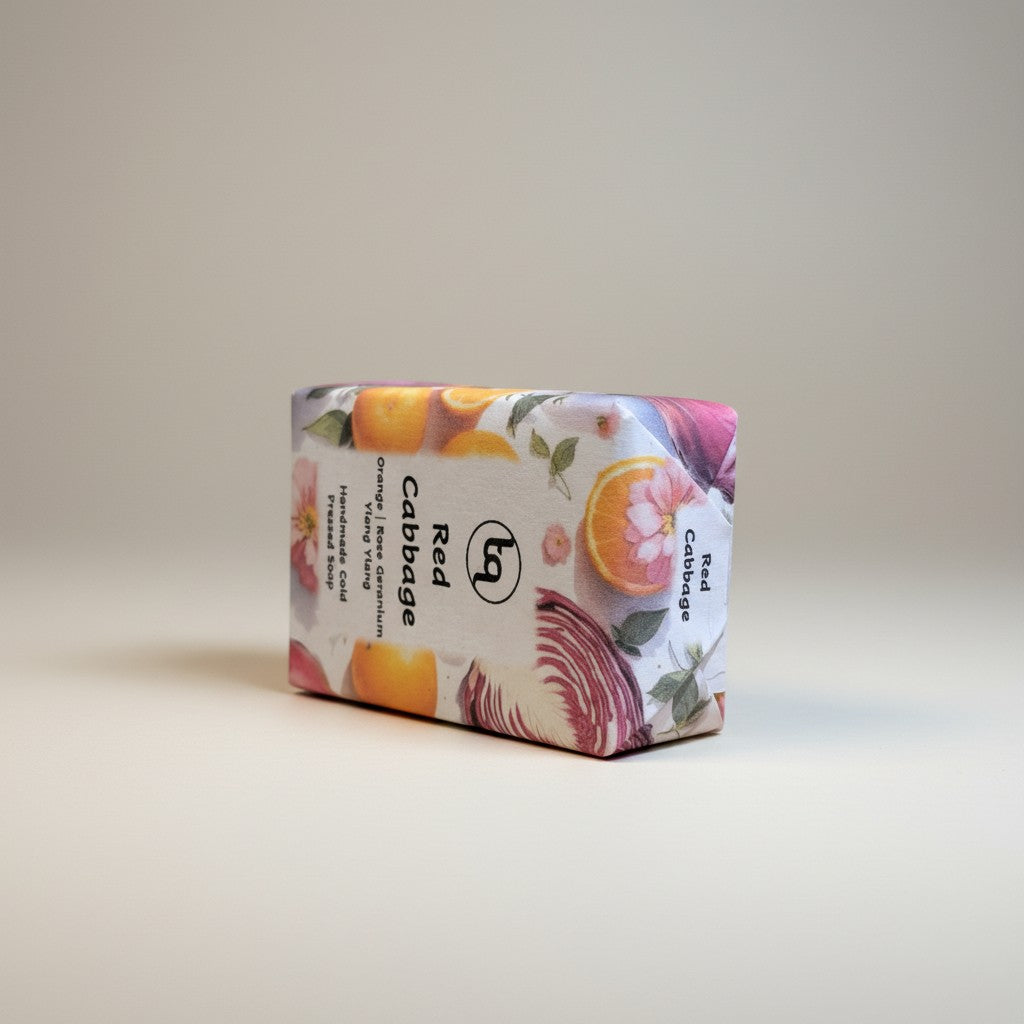 Truequest red cabbage cold-pressed soap bar shown resting on its side