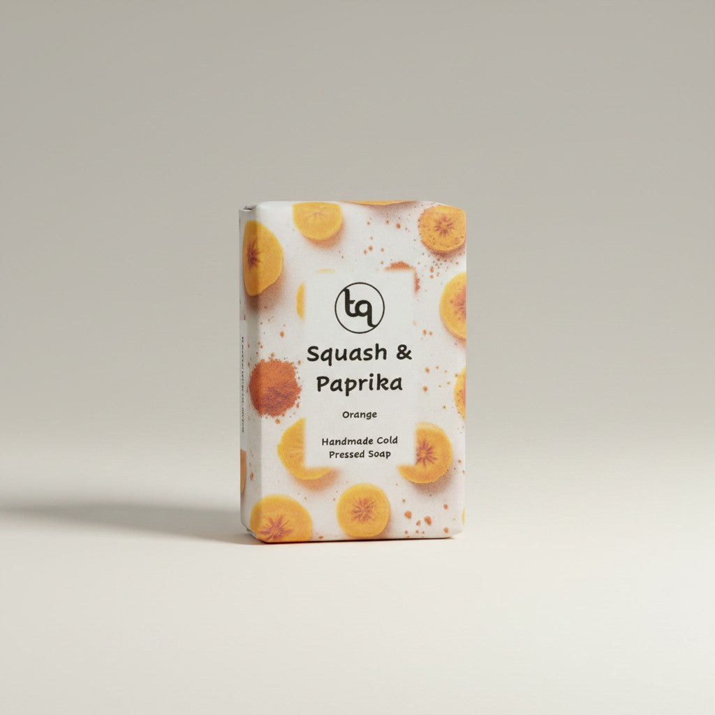 A front-facing view of a rectangular Truequest squash and paprika cold-pressed soap bar, highlighting its rustic, handmade texture and warm, earthy orange-brown coloration