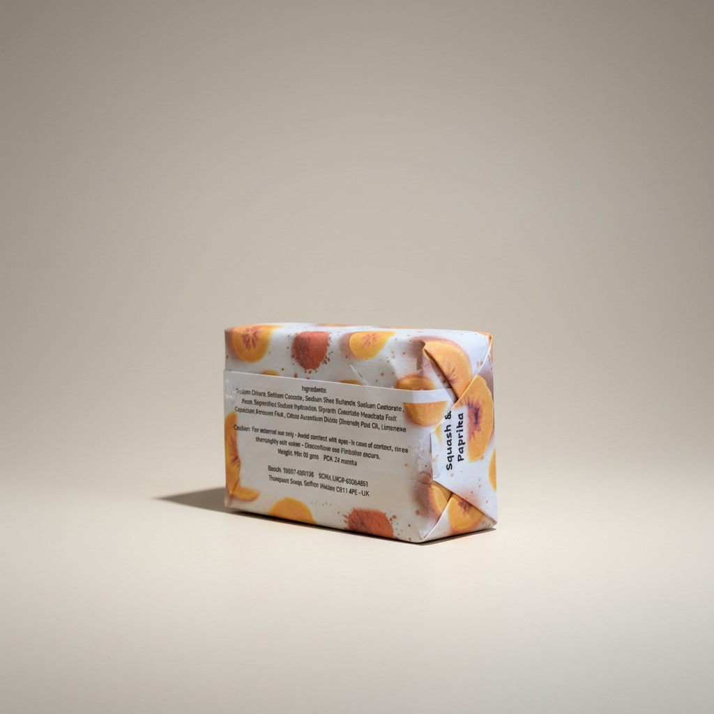 A paper-wrapped bar of Truequest squash and paprika cold-pressed soap, flipped to display the back label with the ingredients list clearly visible.