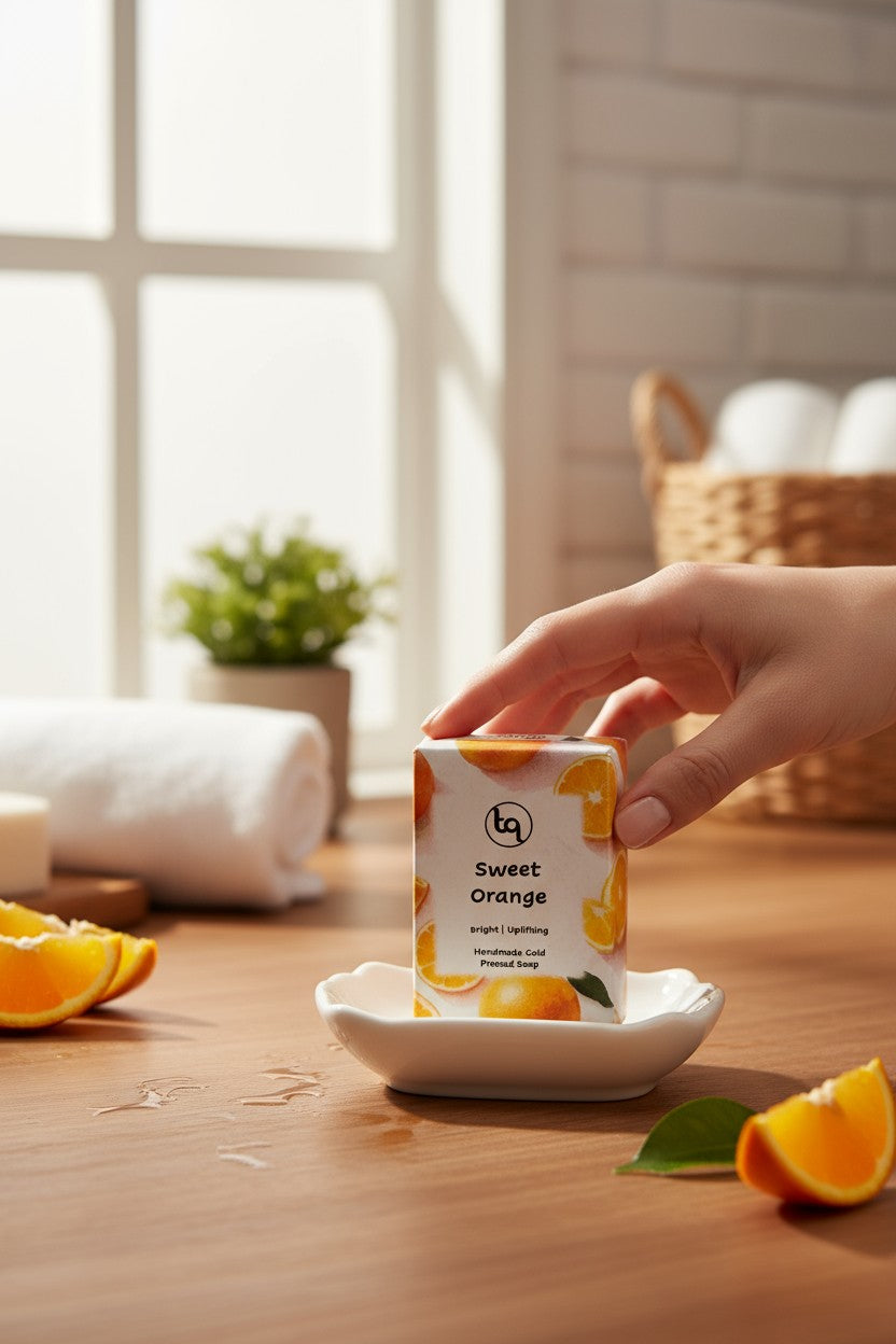 Hand holding a sweet orange product packaging on a wooden table with oranges and a basket in the background.