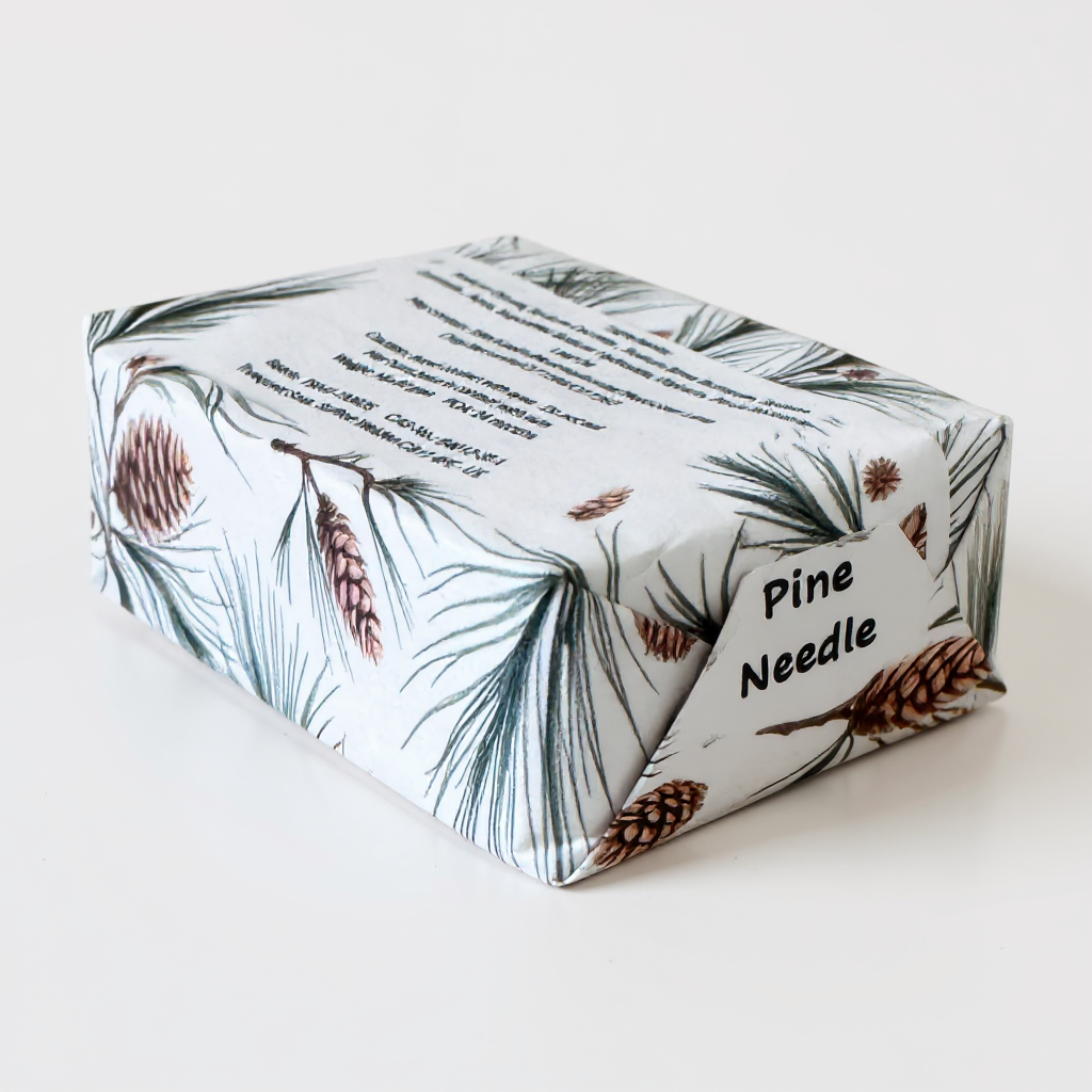 Rectangular soap with pine needle design on a white background