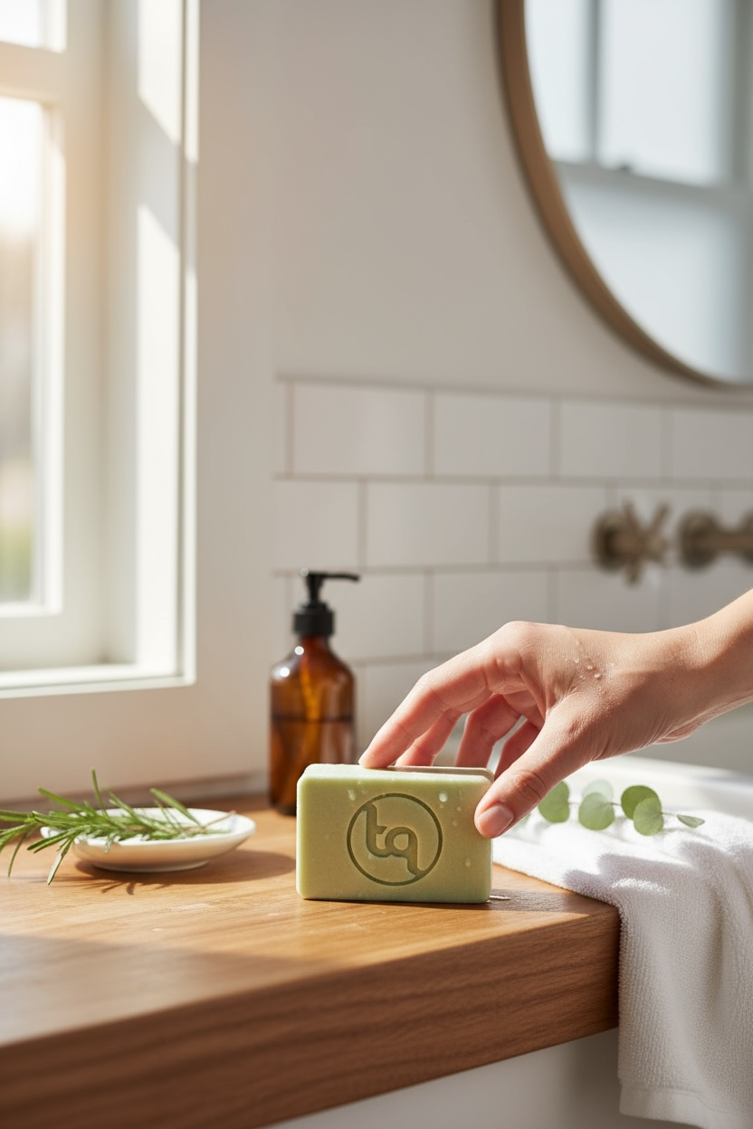 Hand holding a bar of Truequest logo soap on a bathroom counter with a window in the background