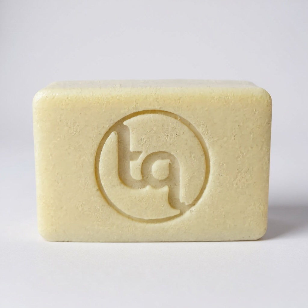 Bar of soap with truequest logo on a light gray background