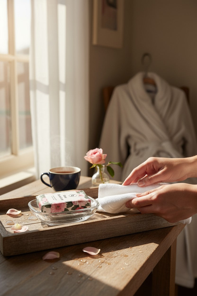 Truequest soap - person setting a tray with a cup, saucer, and a small vase with a pink flower near a window.