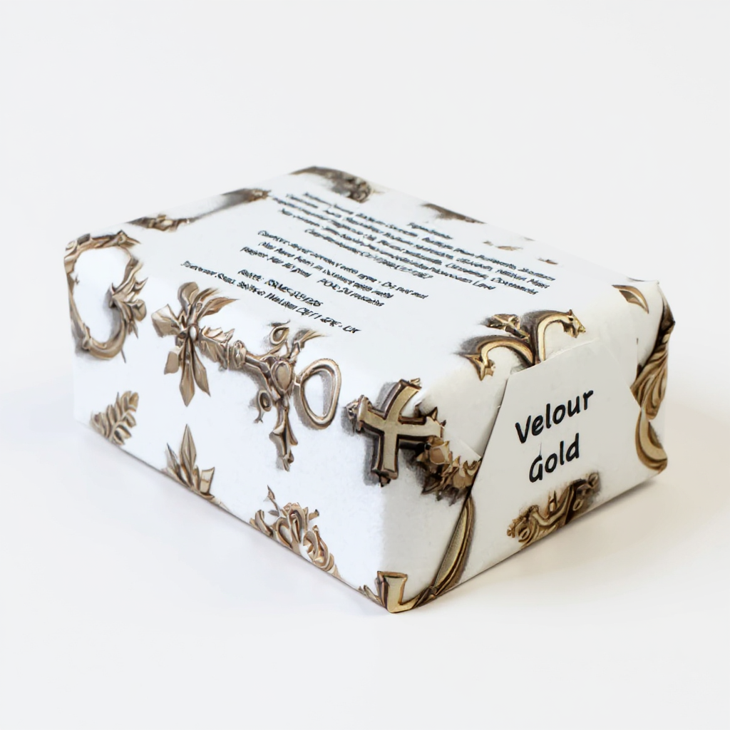 Velour gold product packaging with decorative elements on a white background