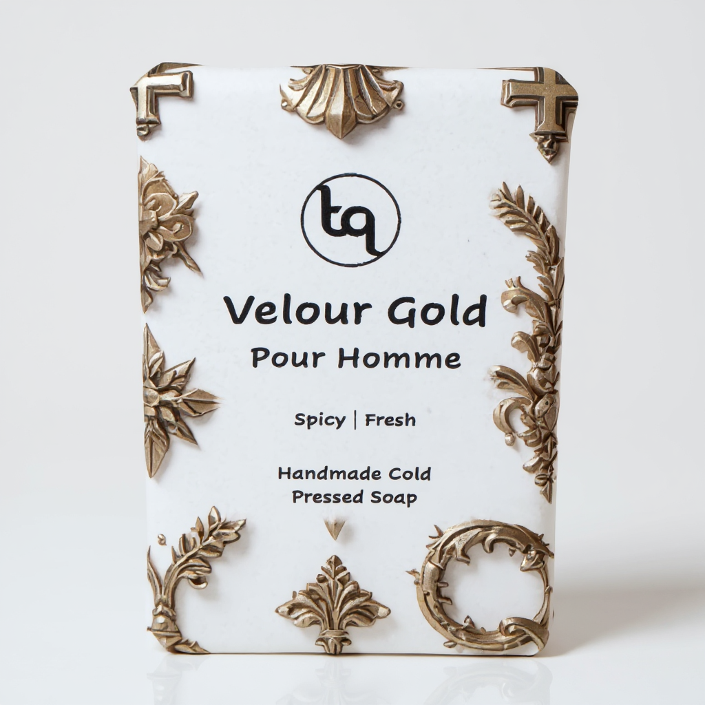 Velour Gold Pour Homme soap bar with decorative packaging on a white background