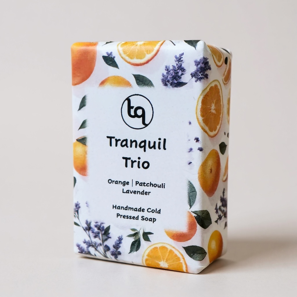 Truequest soap bar with 'tranquil trio' name featuring oranges and lavender on a light background