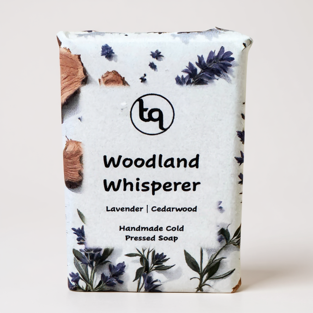 Truequest Soap bar with 'Woodland Whisperer' branding for  lavender and cedarwood and natural elements on a light background