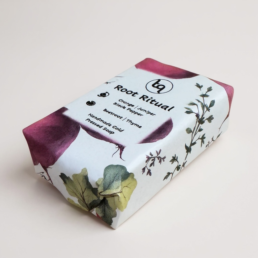 Bar of beetroot and thyme soap laying flat with 'Root Ritual' packaging on a light background.