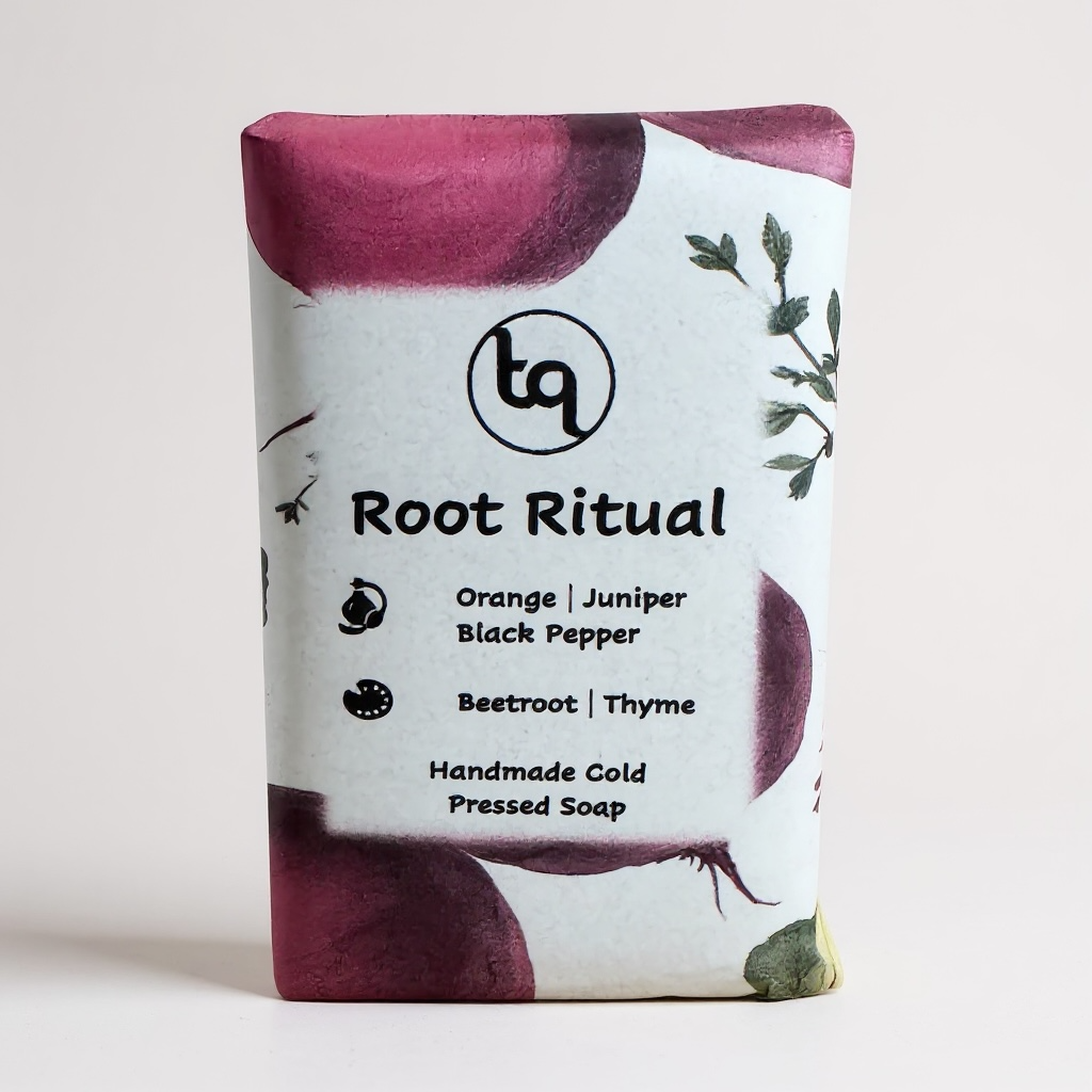 Beetroot and thyme bar of soap with 'Root Ritual' packaging on a light background showing orange, juniper and black pepper essential oils