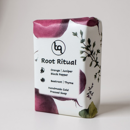 Bar of Truequest beetroot and thyme soap with a decorative packaging featuring botanical illustrations on a white background.