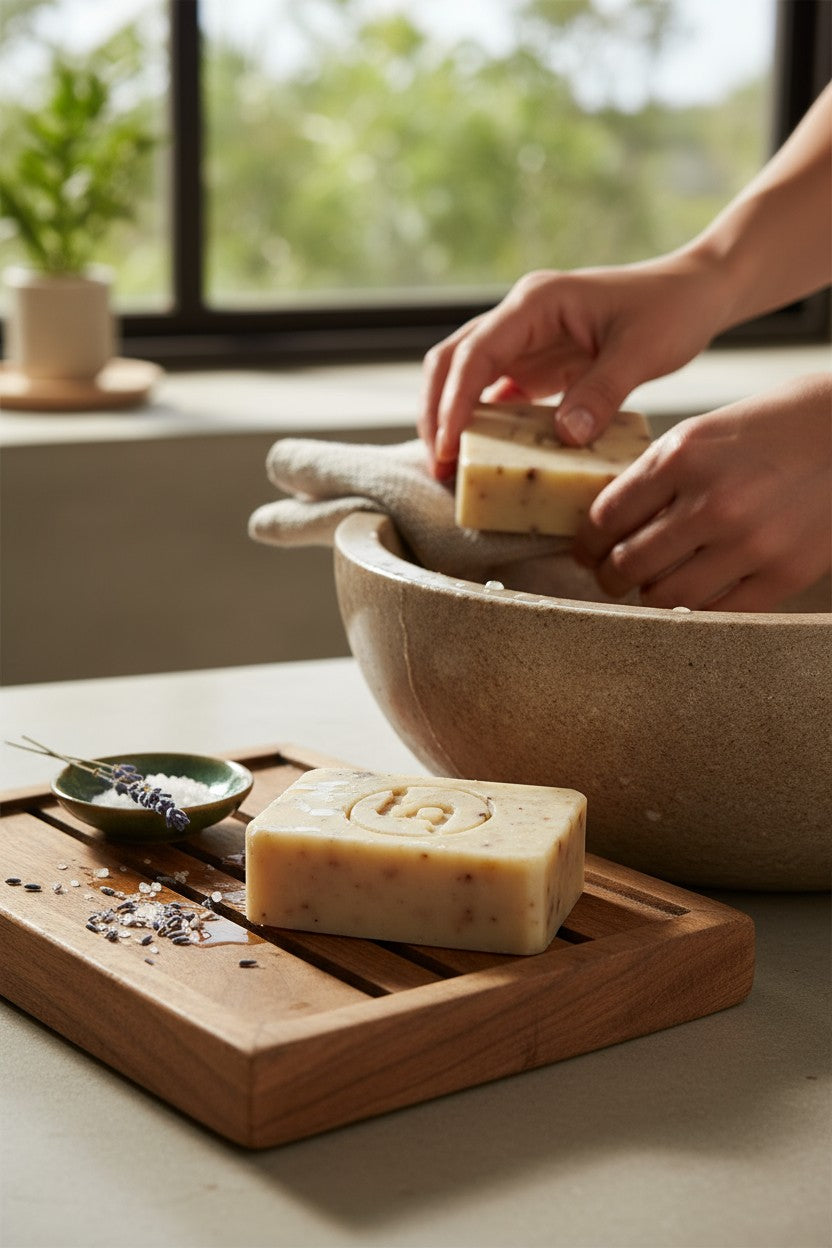 Person holding a Truequest bar of soap over a stone bowl with more soap on a wooden tray, in a home setting.
