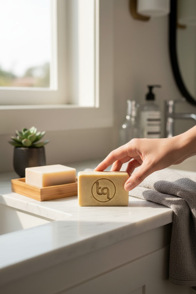 Hand picking up a bar of soap from a wooden soap dish on a bathroom counter.