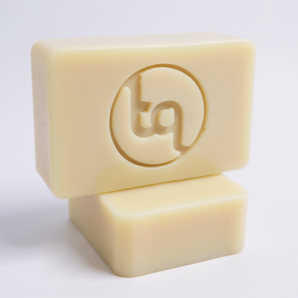 Two bars of natural pale coloured soap with Truequest logo on a white background