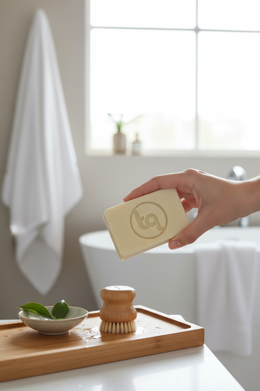 Hand holding a bar of Truequest natural soap with a logo on a wooden tray in a bathroom setting.