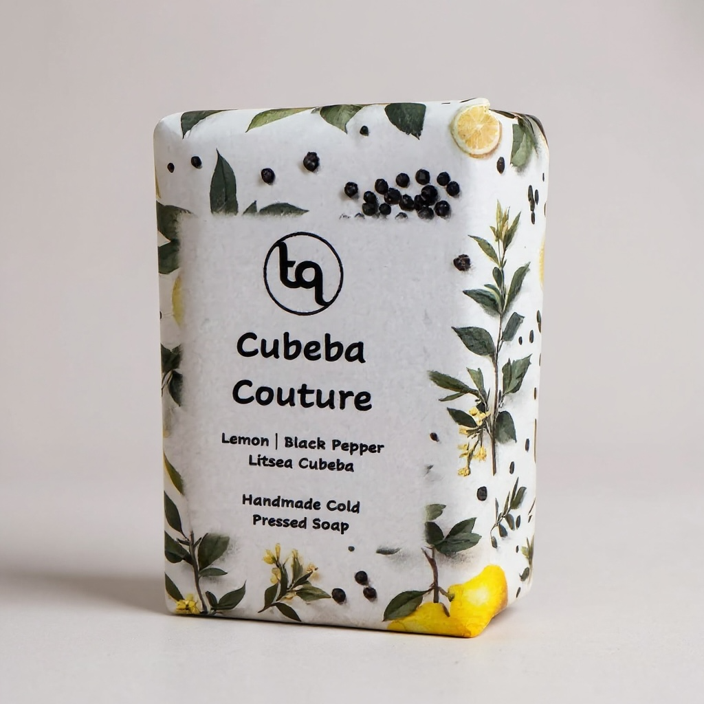 Truequest Cubeba Couture soap wrapped in white paper decorated with lemon slices, green leaves and black peppercorns.