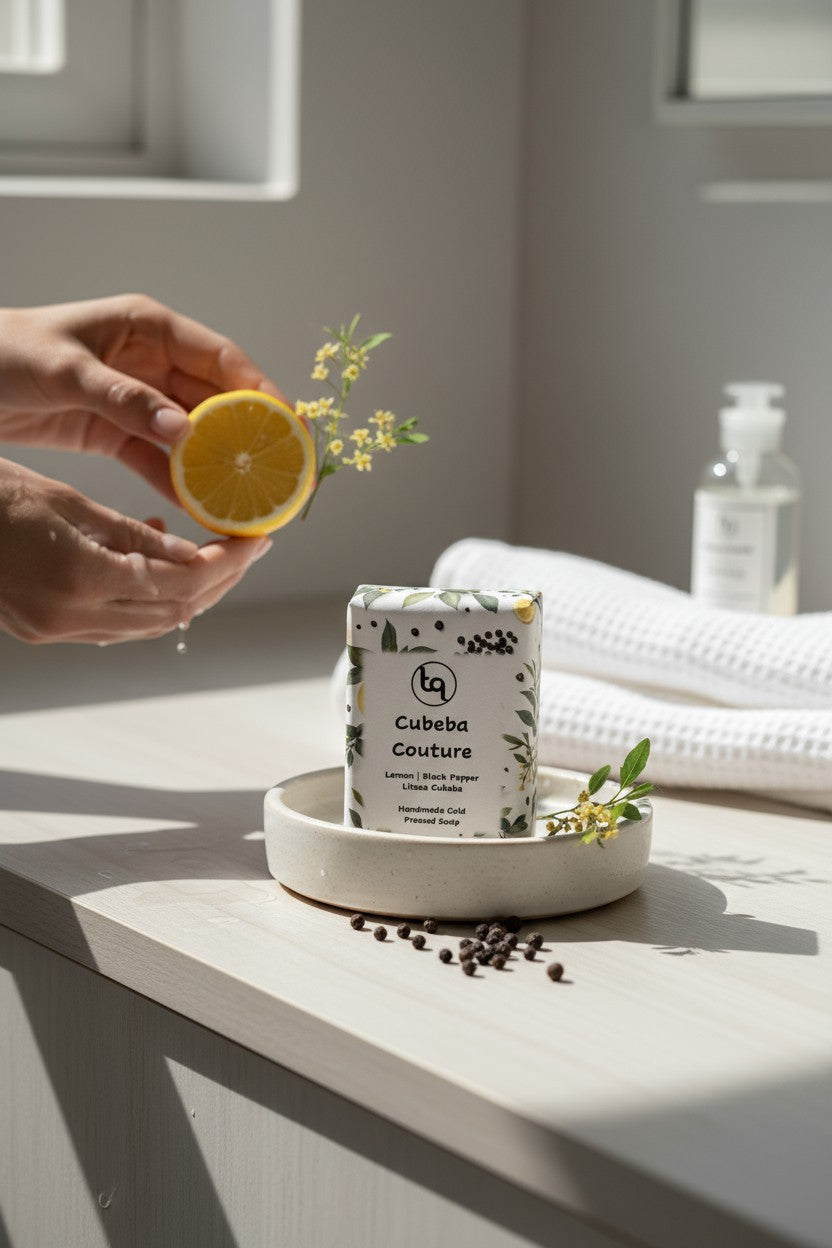 Cubeba Couture lemon and black pepper soap displayed on a small tray with peppercorns, greenery and a hand holding half a lemon on a clean bathroom countertop.