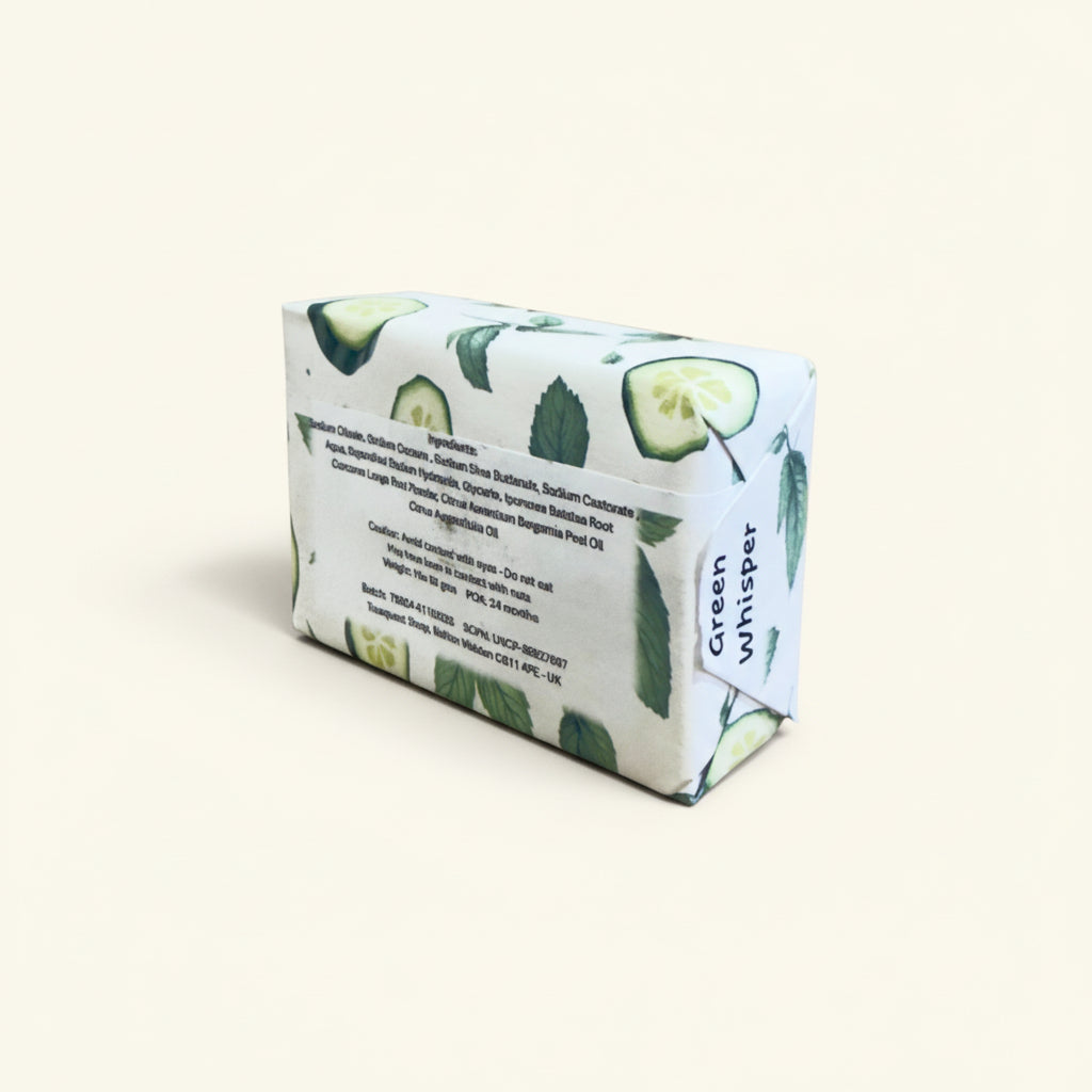 Bar of Truequest cucumber and mint soap soap packaging showing ingredients