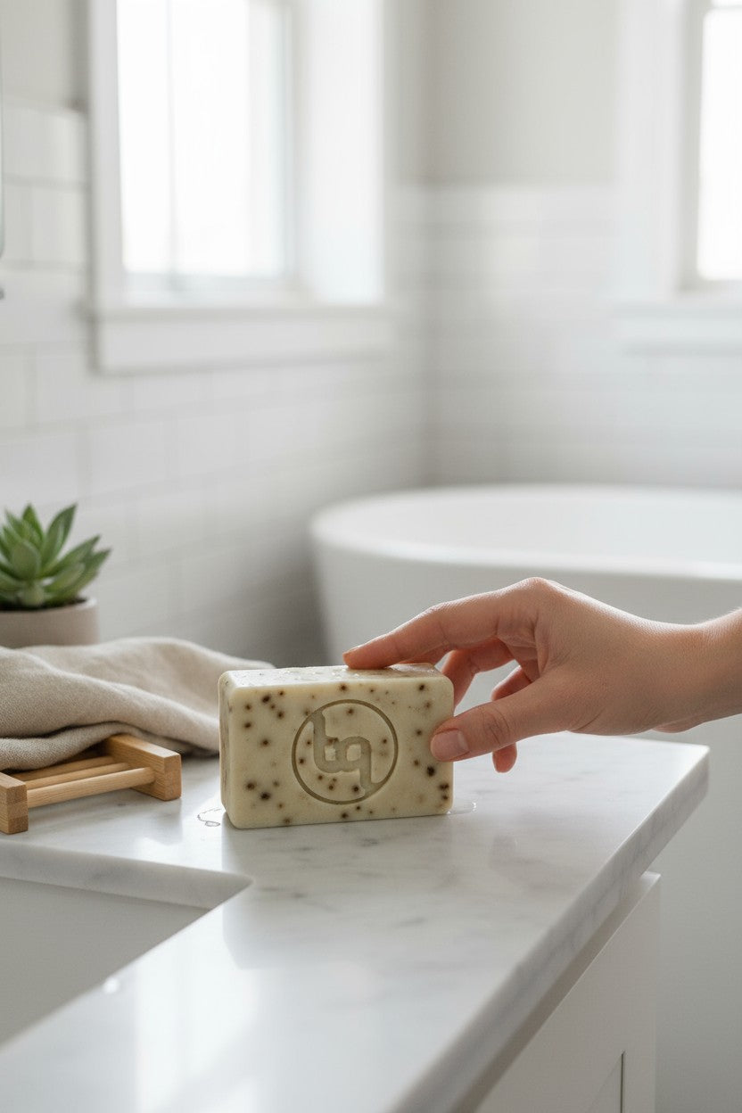 Hand holding a bar of Truequest cucumber and mint soap on a white countertop with a blurred background