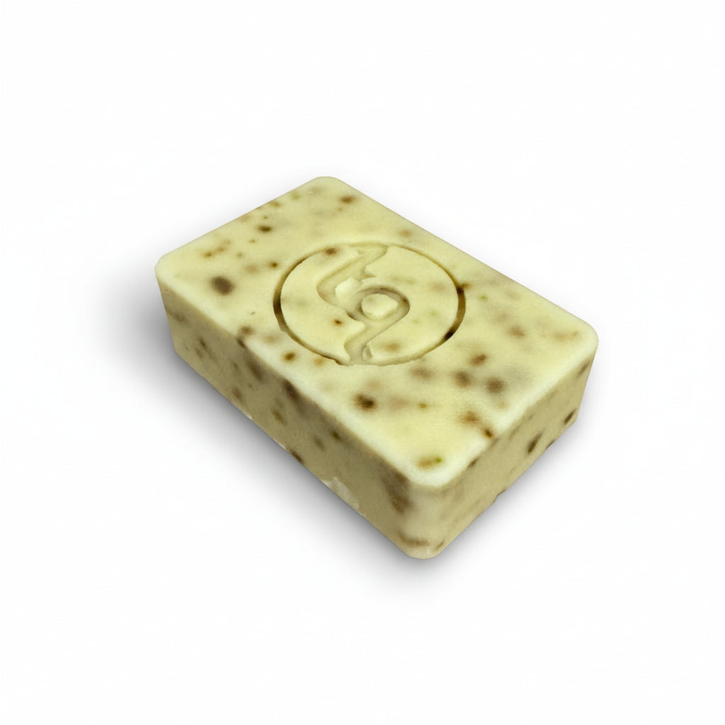 Truequest unwrapped bar of cucmber and mint soap with a logo on a white background