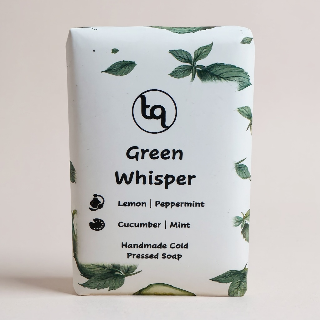 Bar of truequest cucumber and mint soap with paper packaging featuring leaf designs on a light background