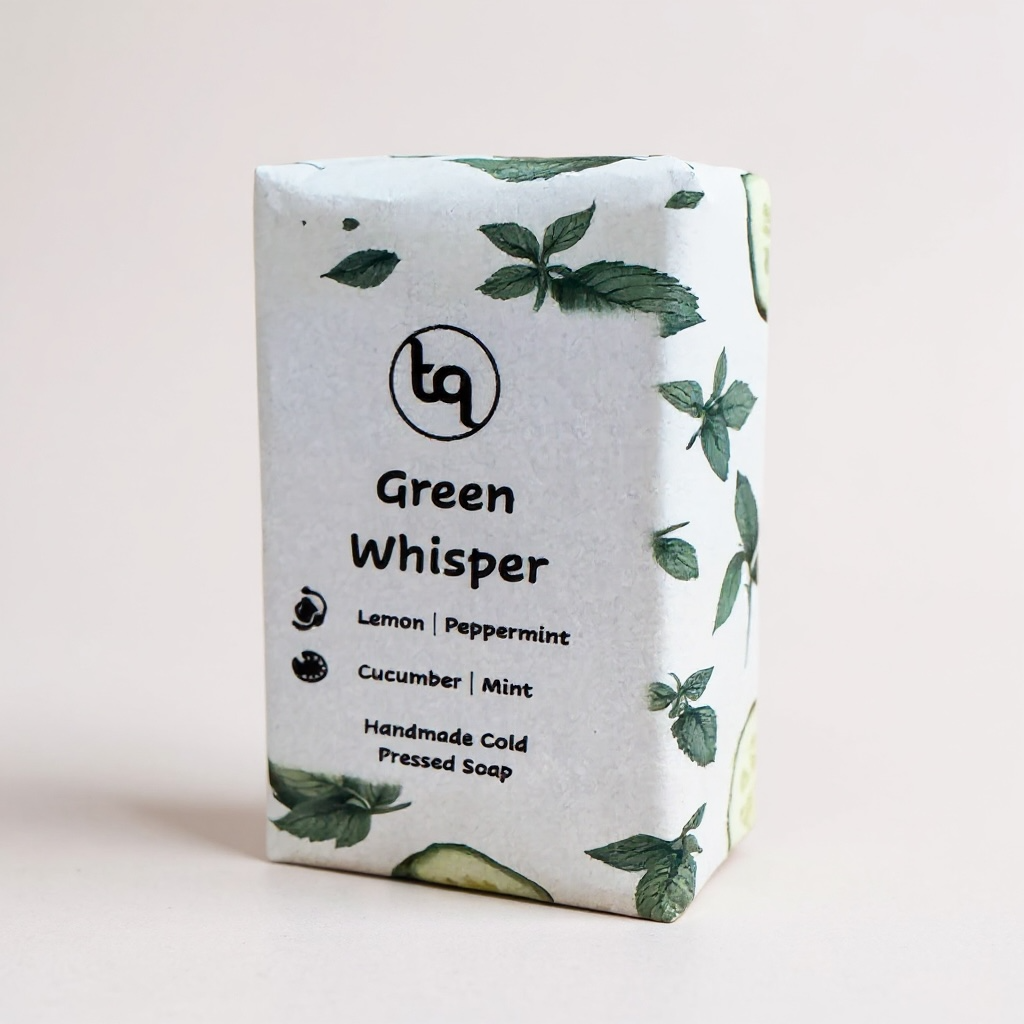 Truequest bar of soap with Lemon, peppermt, cucumber and mint. With  packaging featuring leaf patterns on a light background