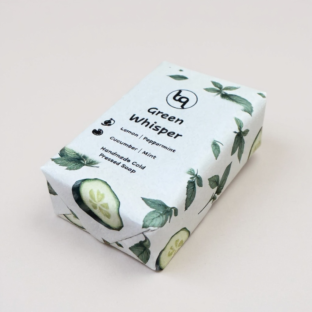 Truequest cucumber and mint soap with 'Green Whisper' packaging featuring cucumber slices and leaves on a light background