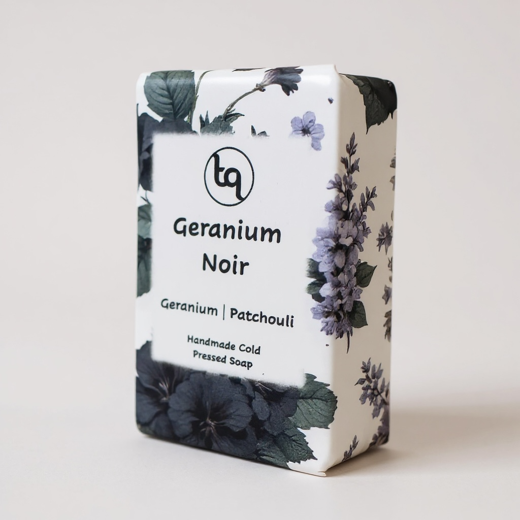 Truequest Geranium Noir soap wrapped in floral paper featuring purple, green and black botanical illustrations.